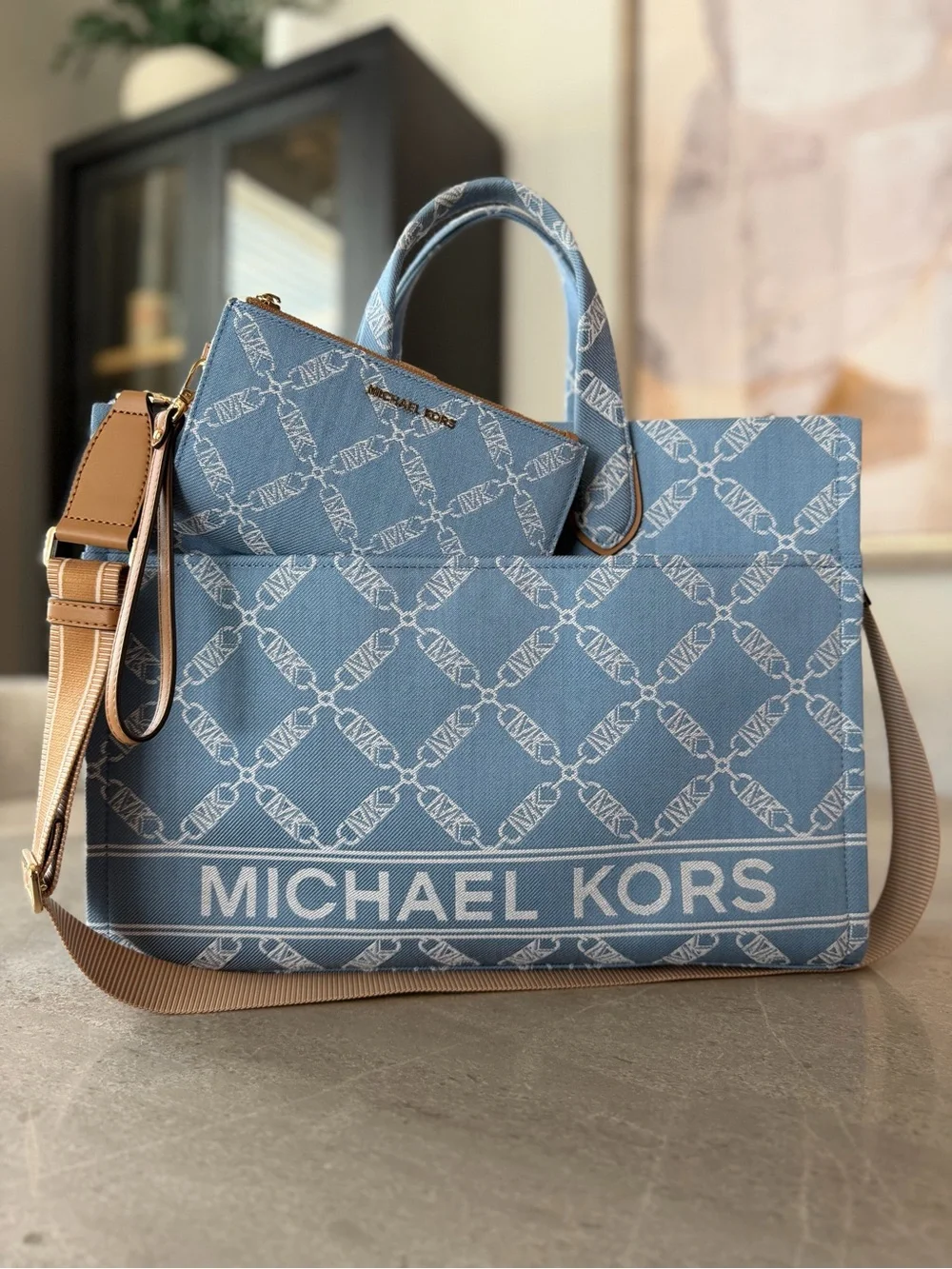 Michael Kors Light Blue Signature Canvas Tote with Tan Strap and wallet